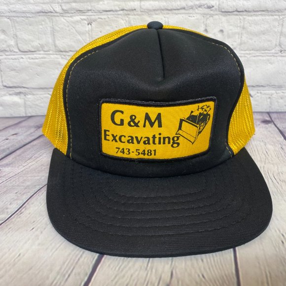 Vintage Trucker Hat Mesh Cap Snapback Black Yellow G&M Excavating Patch Logo 80s - Picture 5 of 8